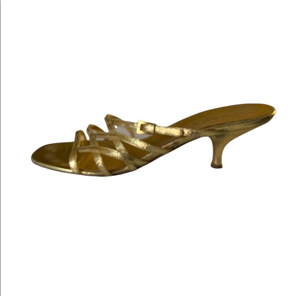 PRADA Metallic Gold Strappy Kitten Heel Sandals - Picture 2 of 7
